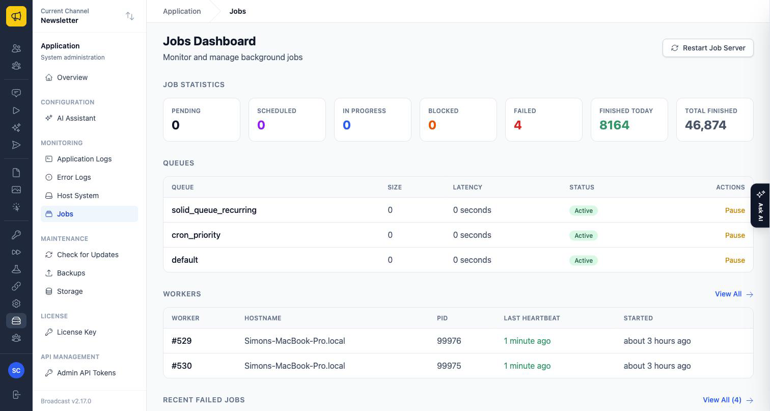 The background Jobs Dashboard showing queue sizes, workers and failed job counts