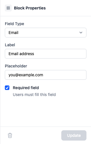 Block inspector for an email field showing field type, label, placeholder, and required checkbox