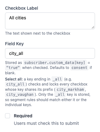 Checkbox block inspector with the custom data key city_all and a note explaining that it selects every city_ checkbox