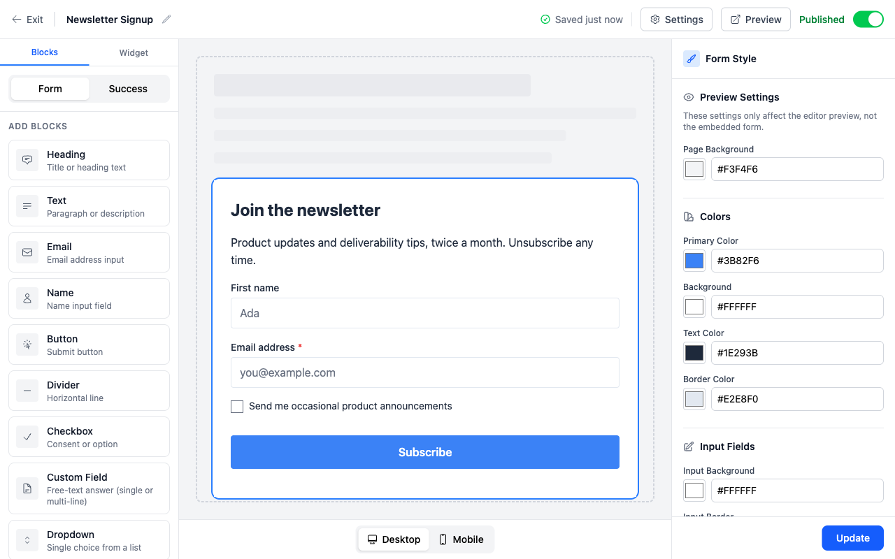Form builder with block palette, canvas showing a rendered signup form, and style panel