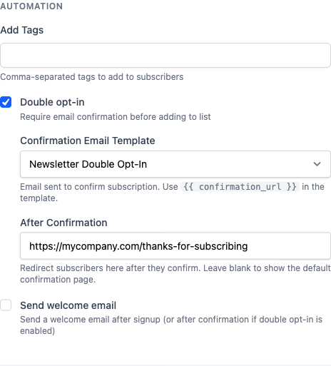 Automation settings showing add tags, double opt-in, confirmation template, and welcome email