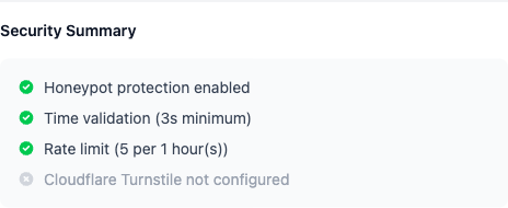 Security summary listing honeypot, time validation, and rate limiting as enabled, with Turnstile not configured