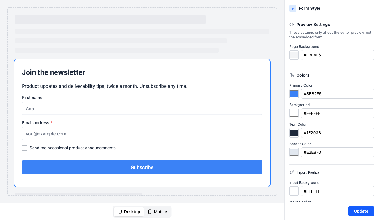 Form Style panel with preview settings, colors, and input field controls