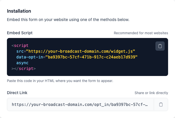 Installation card showing the embed script tag and the direct link