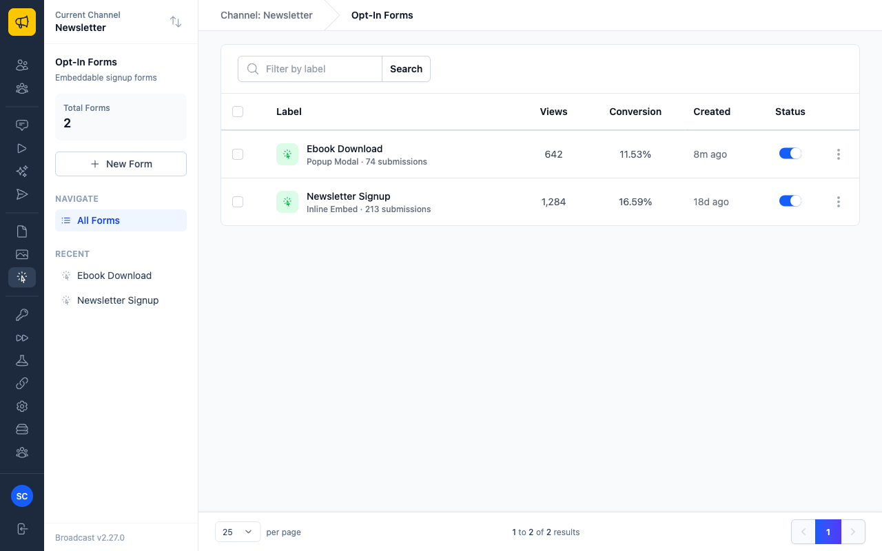 Opt-In Forms list showing two forms with views, conversion rate, and status toggles
