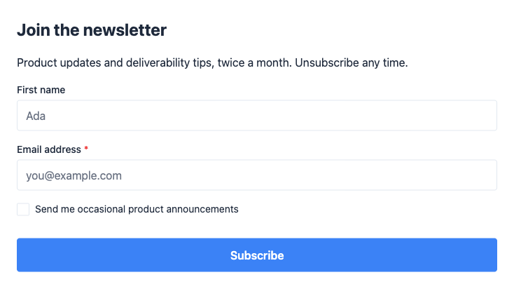 The finished opt-in form as a visitor sees it, with name and email fields and a subscribe button