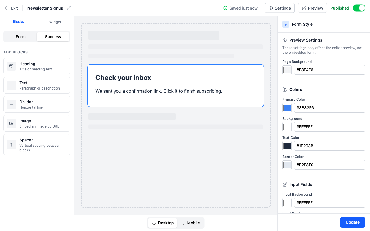Success view of the form builder showing a Check your inbox thank-you message