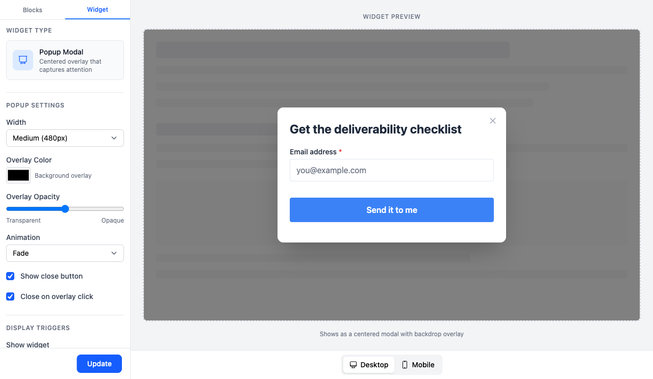 Widget tab for a popup modal, with the settings on the left and a live preview of the modal over a page on the right