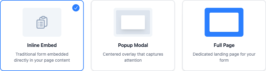 Widget type chooser showing Inline Embed, Popup Modal, and Full Page options