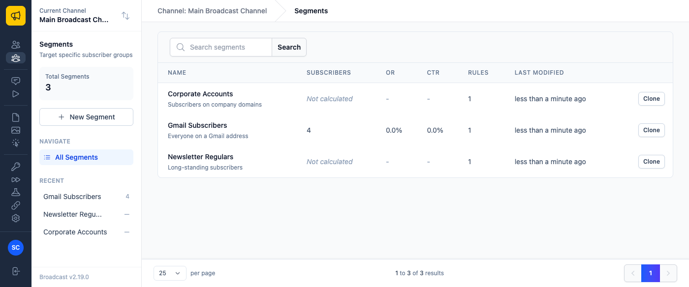 Segments list with a Clone action on each row