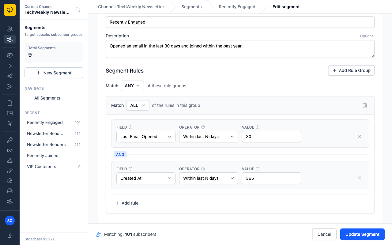 Rule builder with two rules joined by AND and a live count of matching subscribers