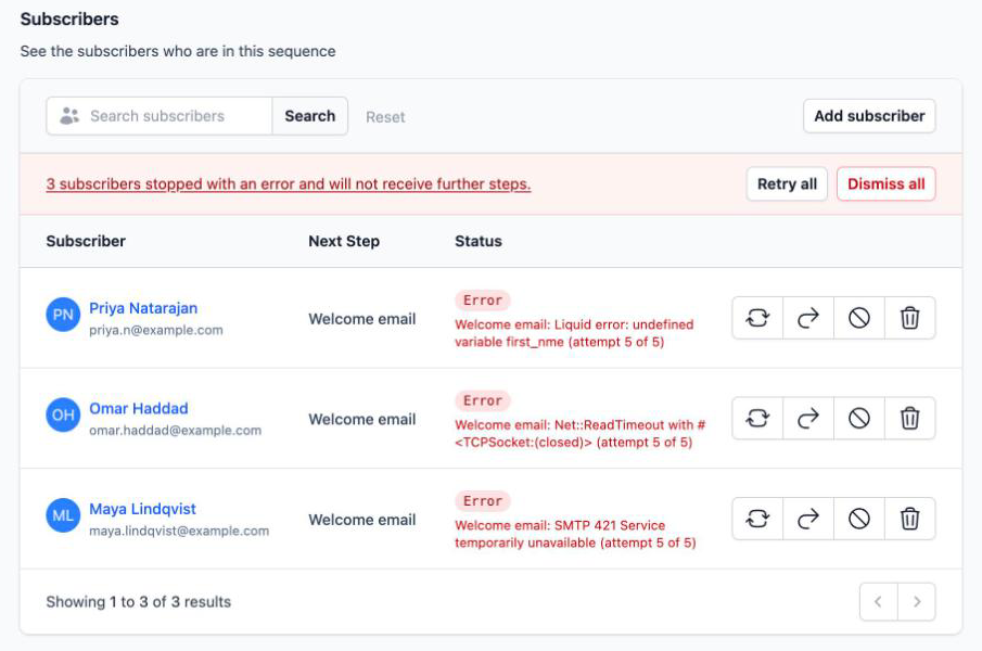 Subscriber list filtered to subscribers that stopped with an error