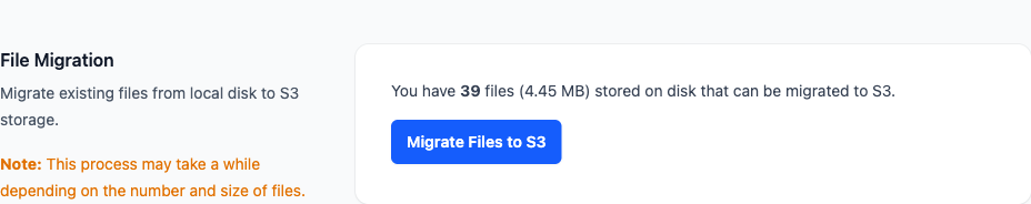 File Migration panel showing 39 files on disk that can be migrated to S3
