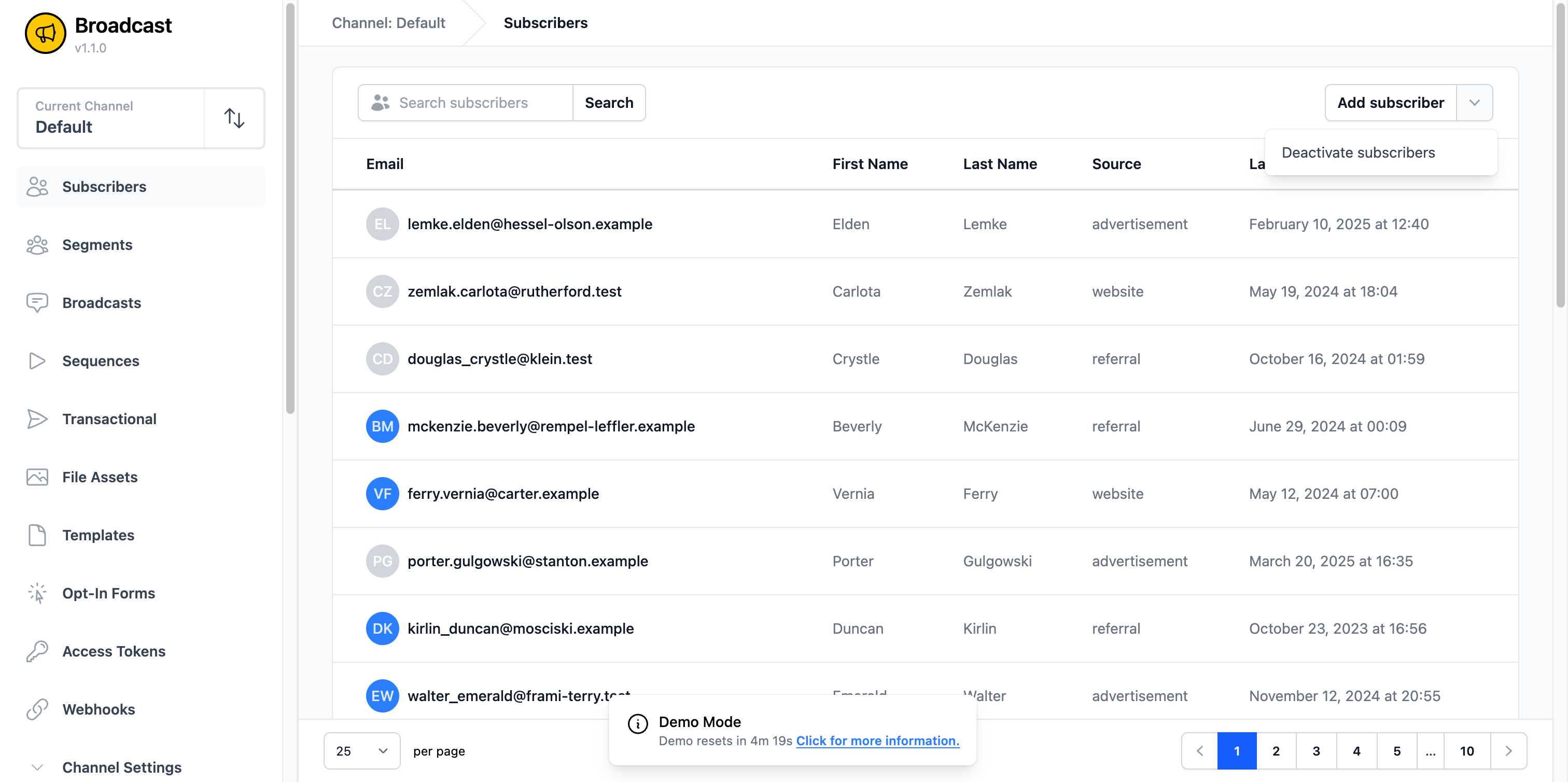 Subscribers page with deactivate option in dropdown menu