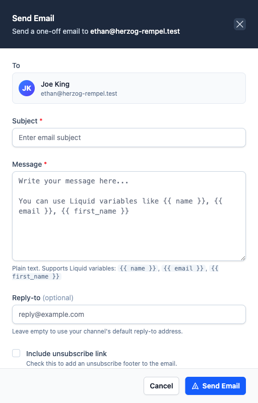 Send Email panel with subject, message, reply-to, and an include unsubscribe link option