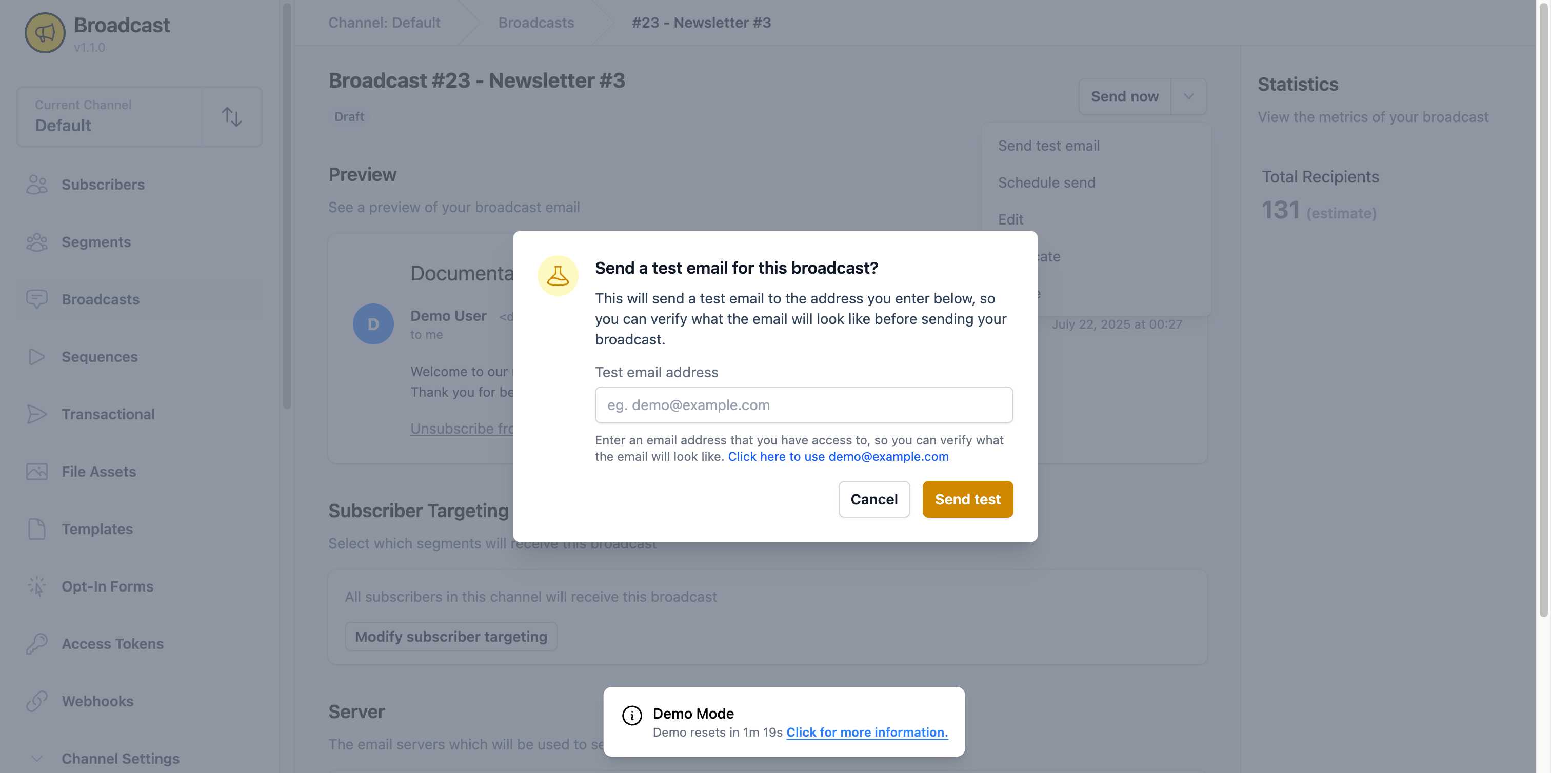 Test email modal with email address field and instructions