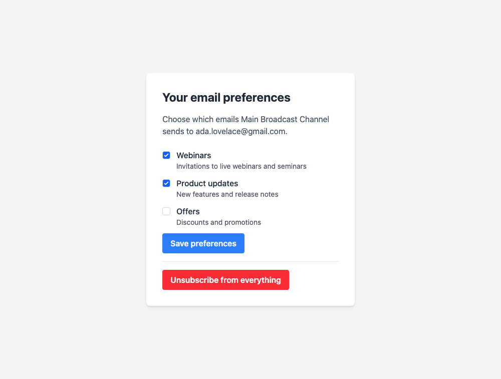 The preference page: a checkbox per topic, Save preferences, and Unsubscribe from everything