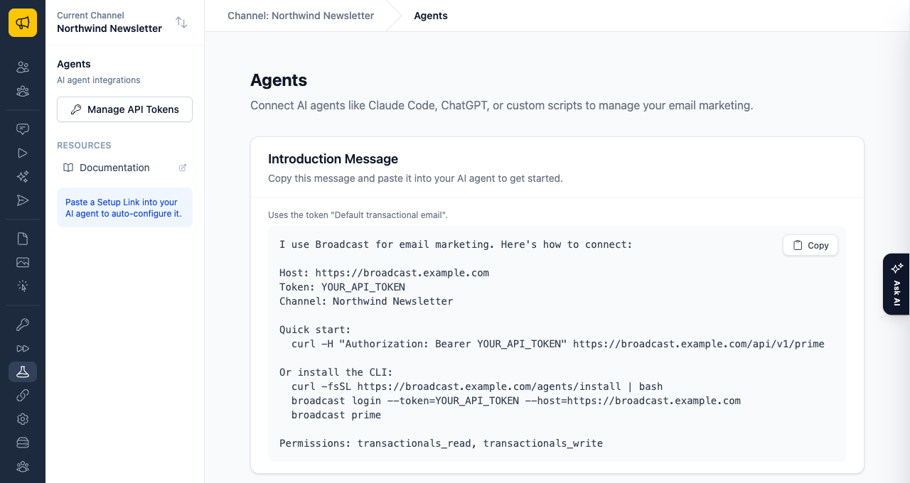 The Agents page with an Introduction Message card holding the host, token, channel, quick-start commands and permissions, with a Copy button