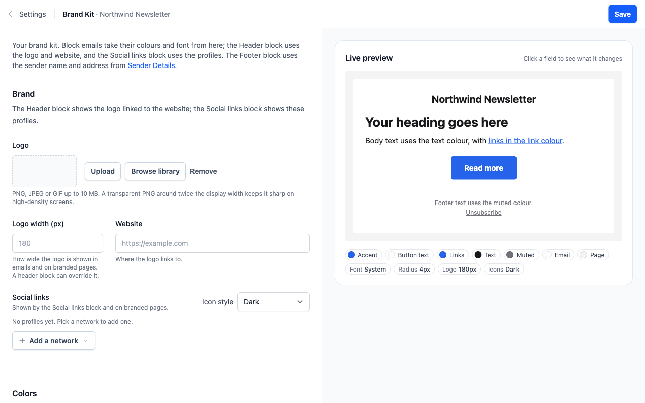 The Brand Kit page with logo, website and social links fields on the left and a live preview email on the right