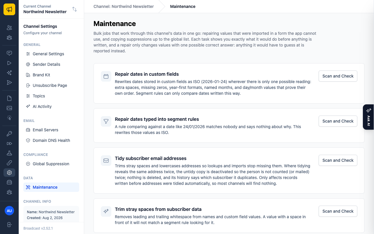 The Maintenance page with tasks to repair dates, tidy email addresses and trim stray spaces, each with a Scan and Check button