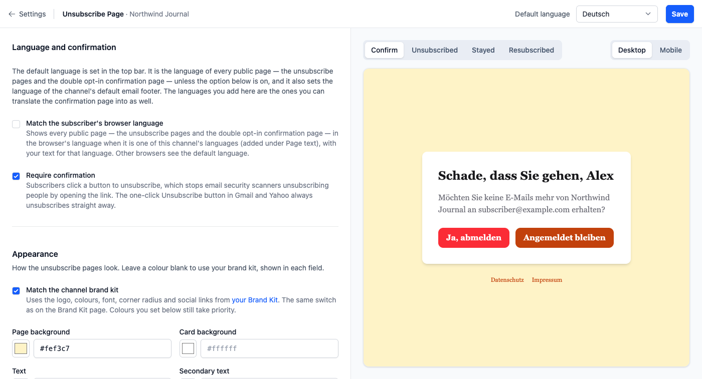 The Unsubscribe Page editor: Default language Deutsch and Save in the top bar, Language and confirmation and Appearance settings on the left, and a live preview of the German confirm page on the right with Confirm, Unsubscribed, Stayed and Resubscribed tabs