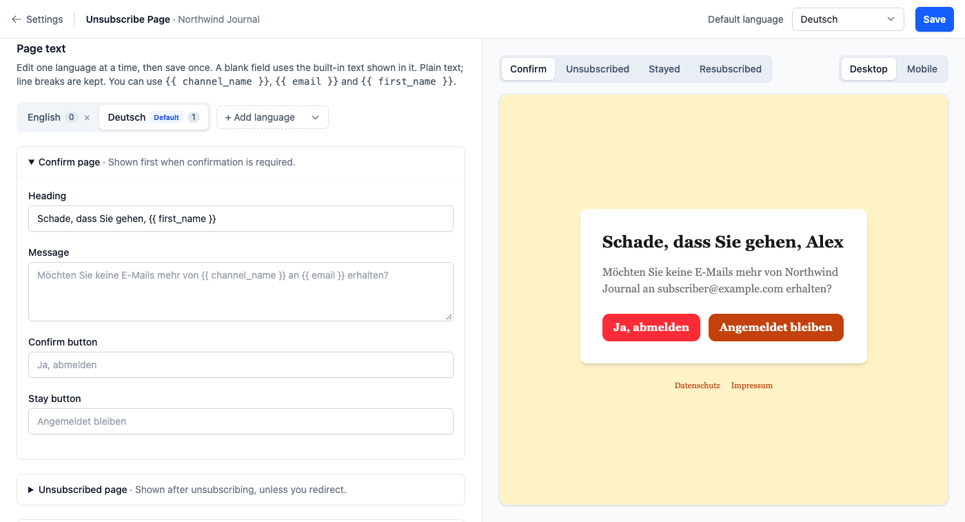 The Page text section with English and Deutsch tabs, Deutsch marked Default with one customised field, an Add language menu, and the German confirm page heading being edited