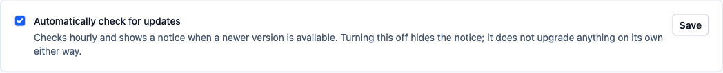 The Automatically check for updates checkbox on the Check for updates page, with its explanation and a Save button