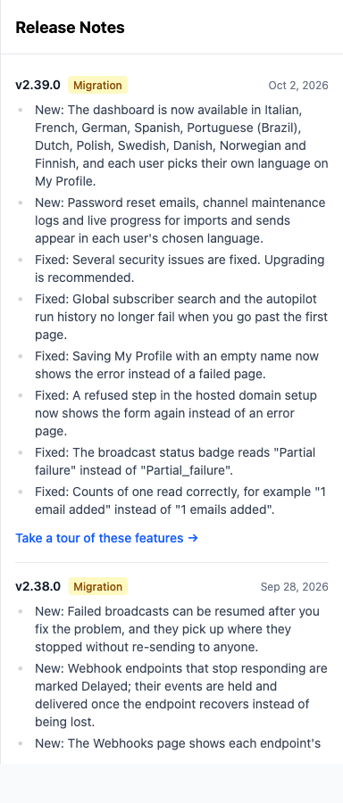 The Release Notes panel on the dashboard with a Take a tour of these features link under a release