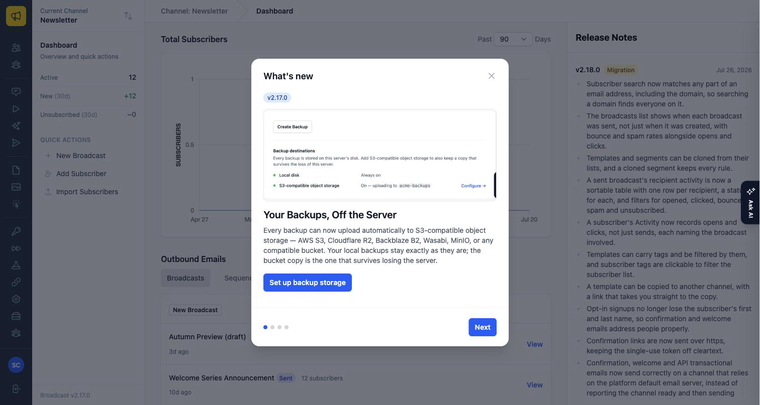 The What's new dialog showing a v2.17.0 highlight about backup storage, with a screenshot, a Set up backup storage button, four progress dots and a Next button