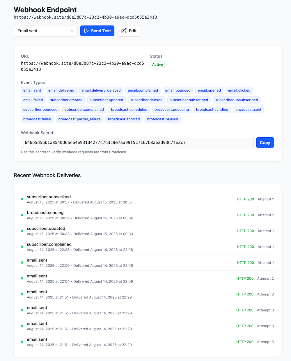 Webhook endpoint configuration page showing details and recent deliveries