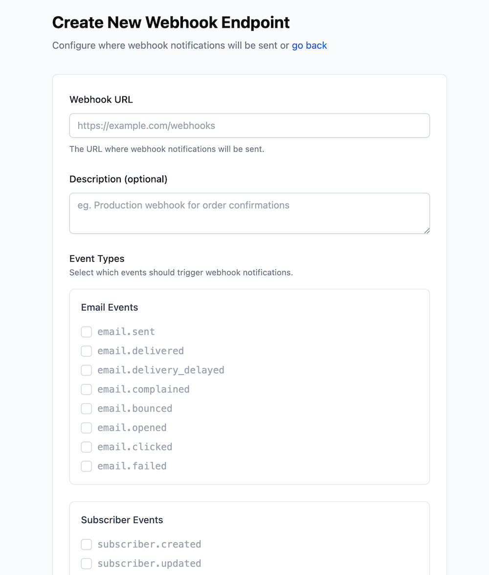 Webhook endpoint creation form with URL, event types, and configuration options