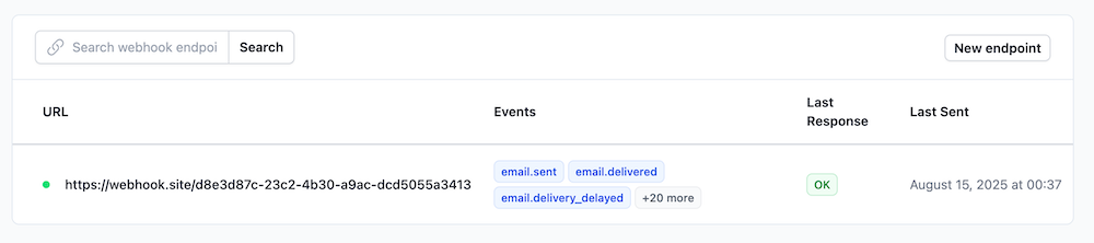 Webhook endpoints list page showing configured endpoints