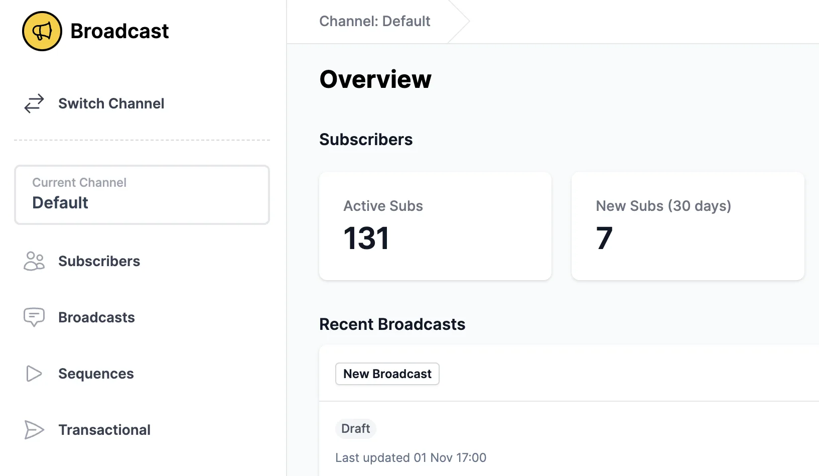 Broadcast dashboard showing email campaign overview and analytics
